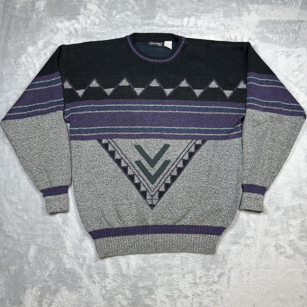 Vintage Stefano Sweater Mens Large Gray Purple Geometric Knit Pullover Korea 90s
